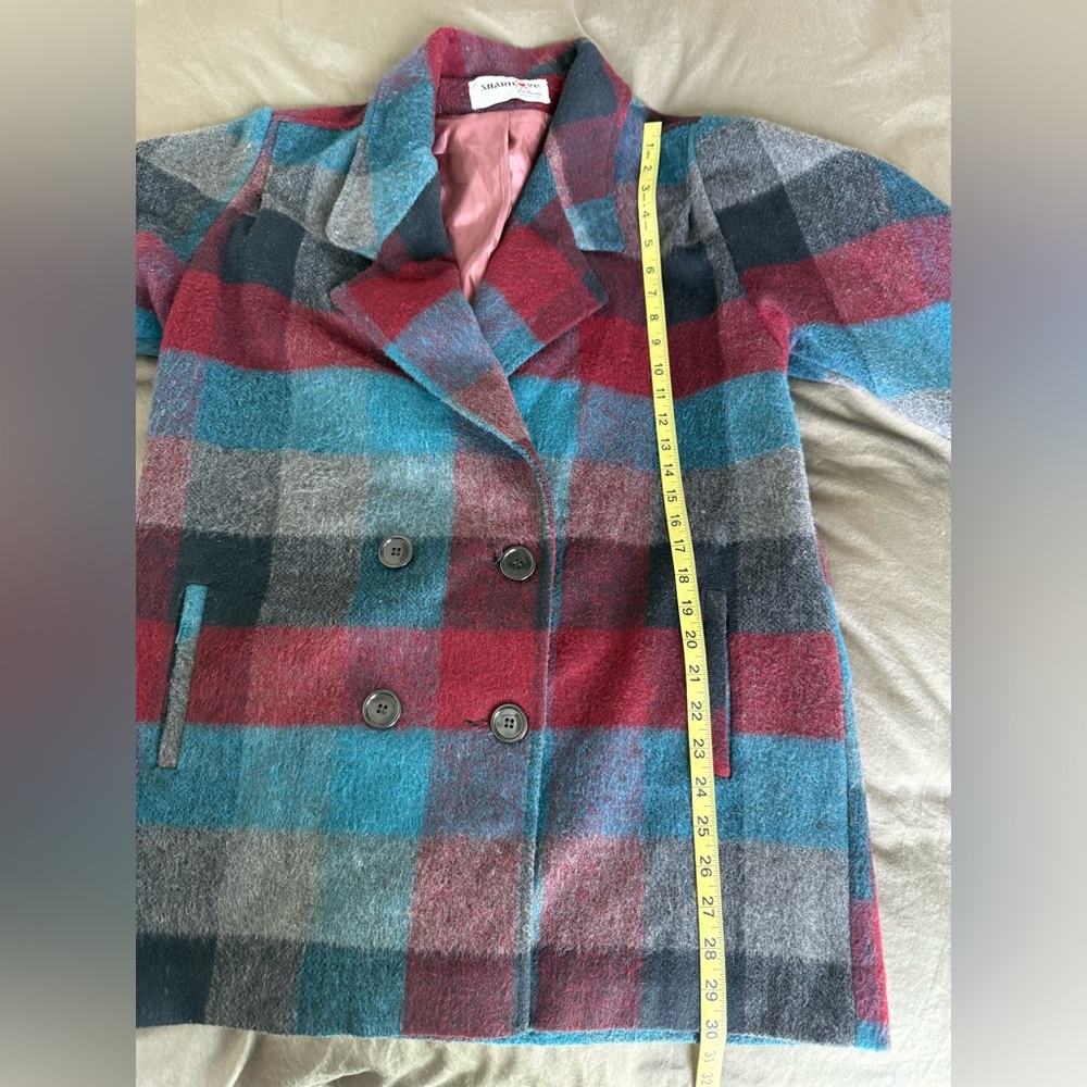 Vintage ShariLove Plaid Double Breasted Pea Coat Womens 12 Blue Academia Jacket - Picture 4 of 6